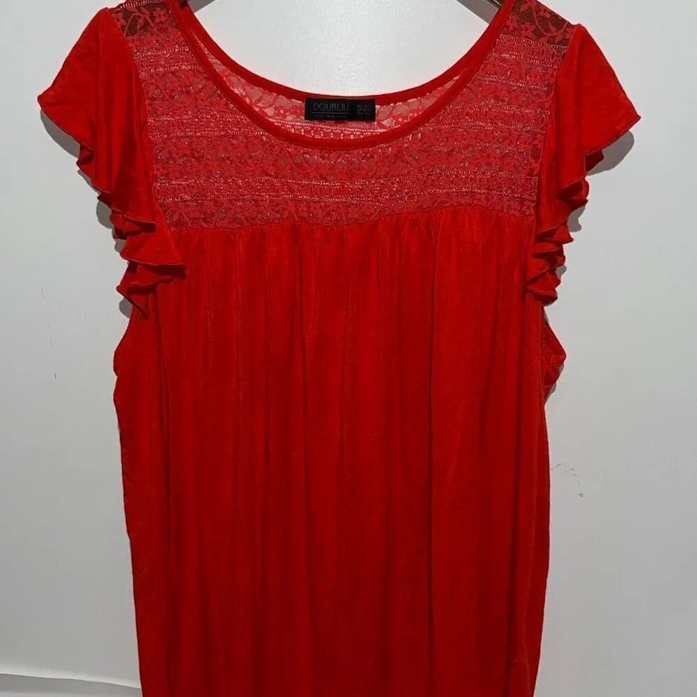 Doublju Women's Red Floral Lace Short Flutter Sleeve Pullover‎ Blouse Size 2XL
